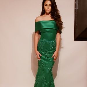 Off-Shoulder Satin and Beaded Long Dress